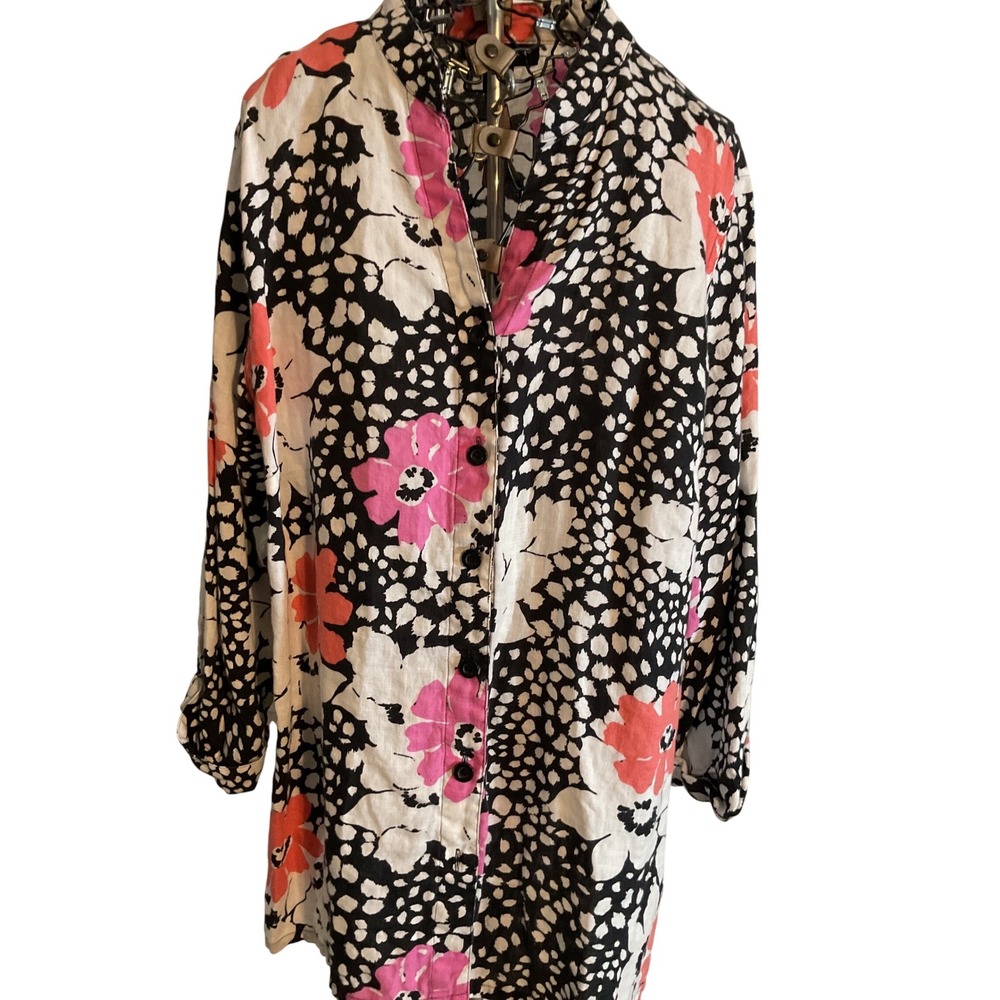 Saint Tropez West Woman 1X 100 Linen Floral Print Button Front Shirt Dress Tunic